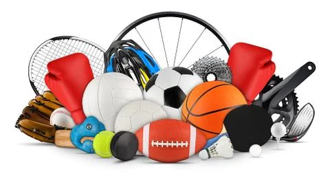 Huge collection stack of sport balls gear equipment from various sports isola Stock Photos