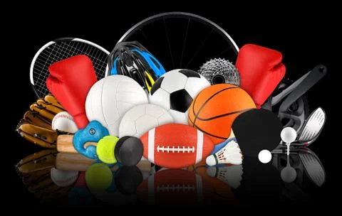 Huge collection stack of sport balls gear equipment from various sports conce Stock Photos