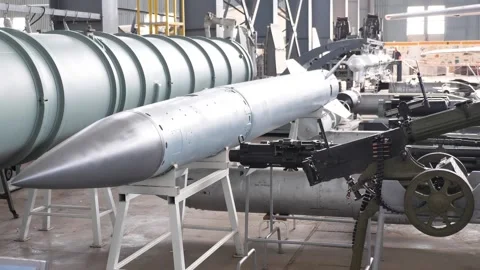 A huge combat missile in a hangar Stock Footage 296061984