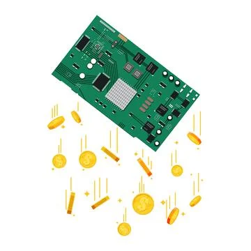 Huge Computer PCB Chip and Golden Dollar Coins. Stock Illustration