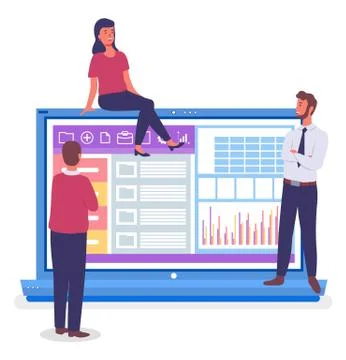 Huge conceptual laptop with analytic data, group of people near device. Office Stock Illustration