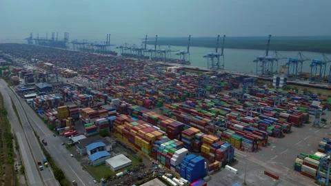 Huge Container port cargo containers cranes. Unique aerial view drone Video stock 329031935