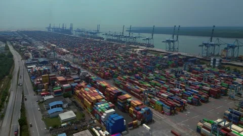 Huge Container port cargo containers cranes. Majestic aerial view drone Video stock 329036564