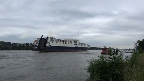 Huge container ship on the Elbe Vídeo Stock 98159581