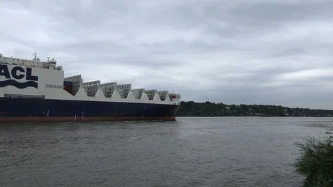Huge container ship on the Elbe Stock Footage 98159696