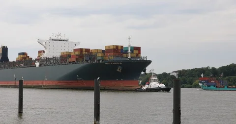 Huge container ship MSC Fabiola approaching Hamburg Stock Footage 96720821