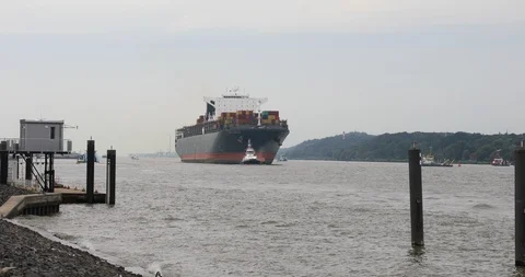 Huge container ship MSC Fabiola approaching Hamburg Stock Footage 96736530