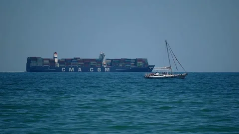 Huge container ship sails on the high sea. Cargo freight sea transportation  Stock Footage 144078783
