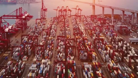 Huge container terminal and bulk carriers in the port of Hong Kong. Stock Footage 249748095