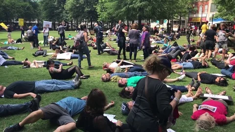 Huge crowd lying down on green field during anti-gun protest in Atlanta Stock Footage 76836071