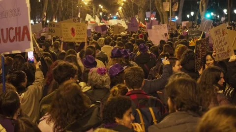 Huge crowd marching during 8M feminist demonstration, Madrid 스톡 동영상 235338760