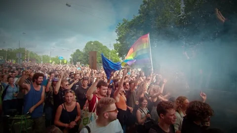 Huge crowd protesting and partying Stock Footage 160902028