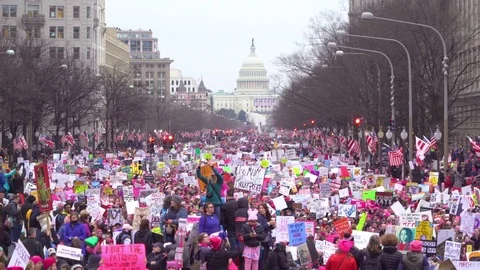 Huge crowds of protestors chant, wave flags, hold signs and march in Washington Stock Footage