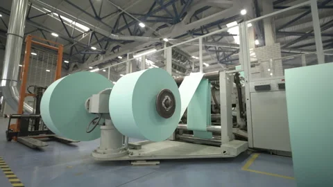 Huge cylindrical mechanisms create roll shape of cardboard Stock-Footage 296577605