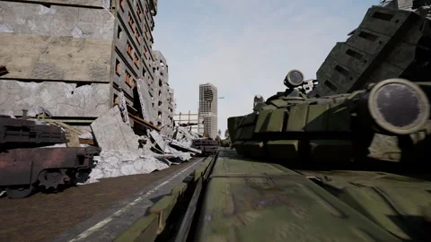 Huge damage cause by the war in Ukraine. The ruined city landmarks, debris of 動画素材 194420829