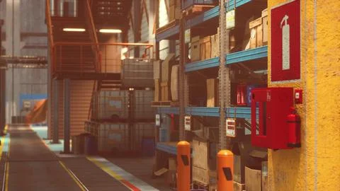 Huge distribution warehouse with boxes on high shelves Stock Illustration