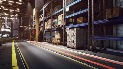 Huge distribution warehouse with boxes on high shelves Illustrazione stock