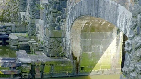 Huge door at overflow cargo lock chambers. Water dam on river with pass. Stock Footage