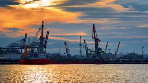 Huge empty container ship stands in the port waiting for loading. Numerous cargo Stock Footage 328659905