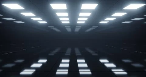 Huge Empty Room With Square Lights On Ceiling And Reflective Floor. 3D Render Ilustración de archivo