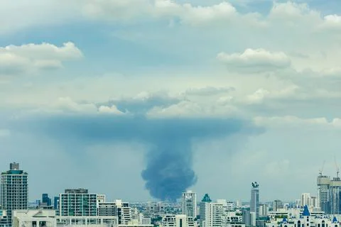 Huge explosion and fire at plastic factory on outskirts of town Stock Photos
