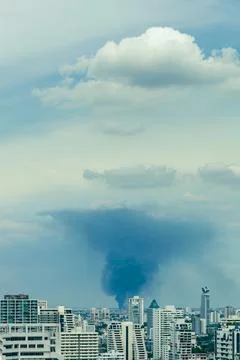 Huge explosion and fire at plastic factory on outskirts of town Stock Photos