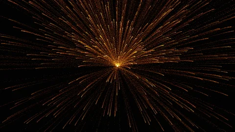 A huge explosion of fireworks on a black background. A trail of fire stretches. Stock Footage 109560586