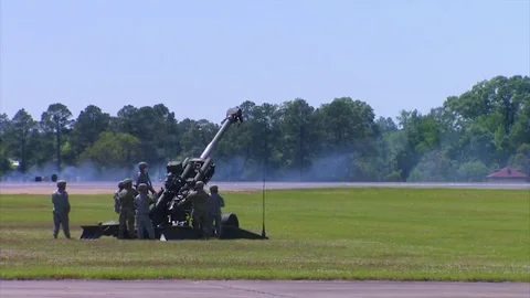 Huge explosions accompany an artillery display by the U.S. Army. Stock Footage