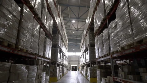 Huge factory warehouse with large boxes of finished products Stock Footage 296577790