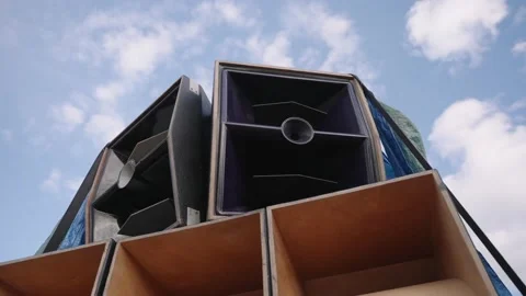 Huge festival speaker stack showing top horns and bass bins. slow motion Stock Footage 201462275