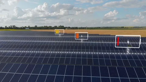 A huge field with solar panels. A large solar power plant produces solar energy. Видео 303815286