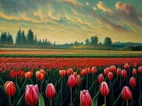 A huge field of tulips. Bright spring flowers. Stock Illustration