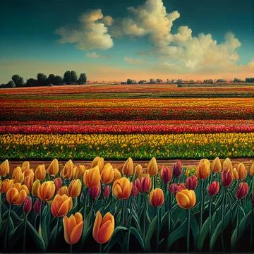 A huge field of tulips. Bright spring flowers. Stock Illustration