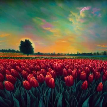 A huge field of tulips. Bright spring flowers. Stock Illustration
