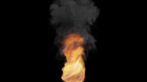 Huge fire explosion with thick dark smoke on black background Stock Footage 346521679
