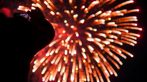 Huge Firework Explosion and Bokeh, Bright Red Fire Display Event Silhouette Stock Footage 293235343