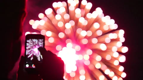 Huge Fireworks Explosion, Mobile Video Record Sky Display Festival Holiday Year Stock Footage 156596217