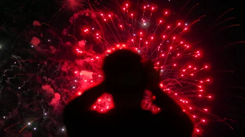 Huge Fireworks, Slow Motion Explosion Bokeh, Person Silhouette Taking Picture Stock Footage 293235241