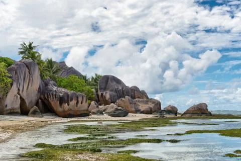 Huge granite rocks at anse source d'argent beach Stock Photos