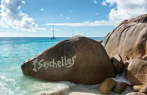 Huge granite rocks at la digue island Stock Photos