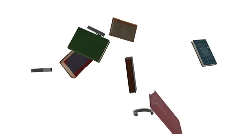 Huge gray letters fall continuously among the swirling old books on a white Stock Footage 155664786