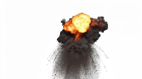 Huge ground impact rises upward with its core glowing in bright orange on white Stock Illustration