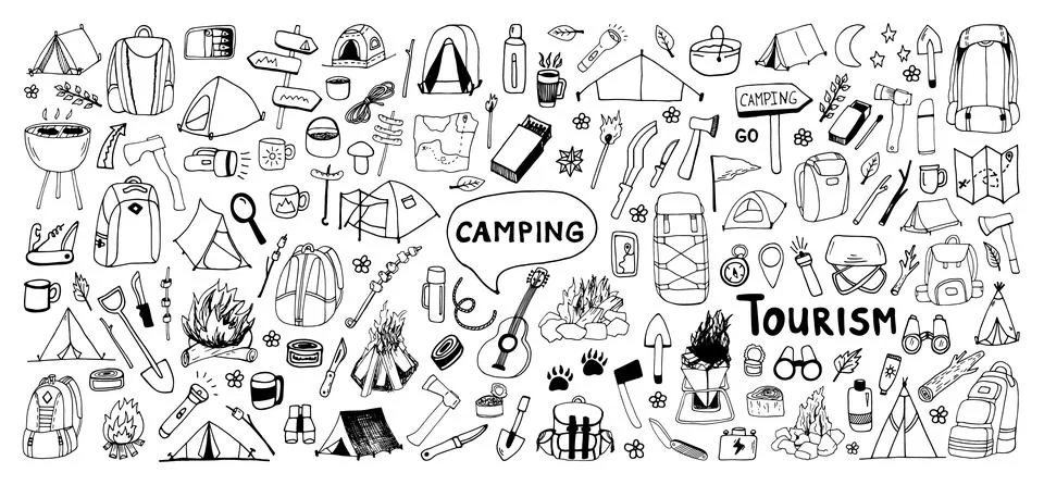 Huge hand drawn vector camping clip art set. Isolated on white background d.. Stock Illustration