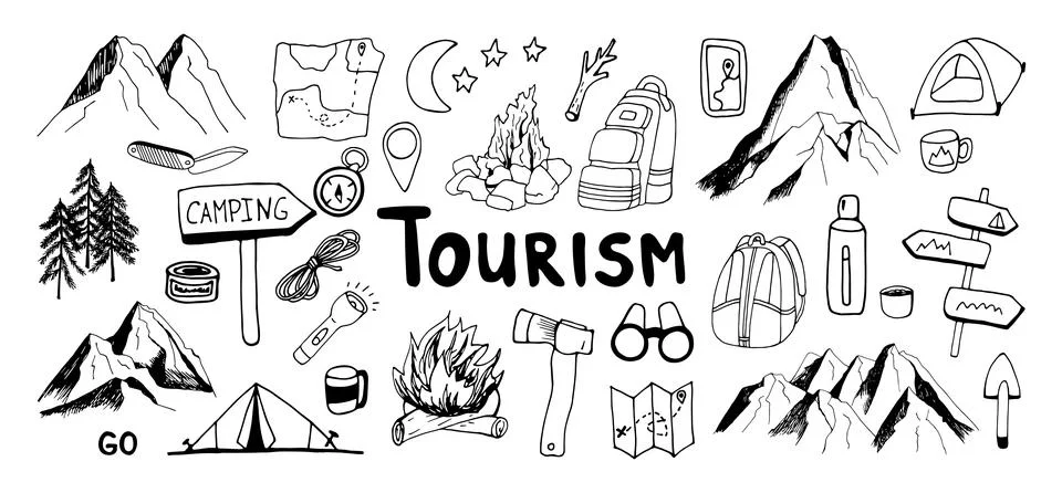 Huge hand drawn vector camping and mountain clip art set. Isolat Stock Illustration