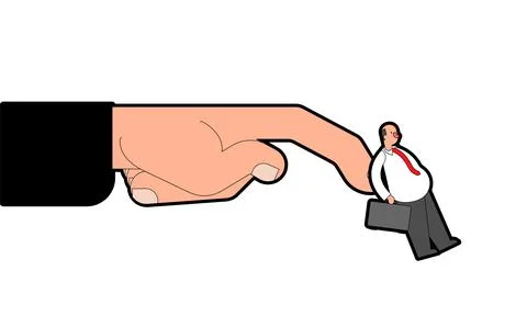 Huge hand pushes worker. Concept of dismissal from the office Stock Illustration
