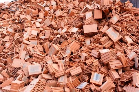 Huge Heap of Broken Clay Bricks at a Construction Waste Site in Hainstadt 写真素材