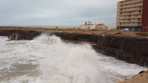 Huge Hurricane Waves Crash Into Cliffs Ahead Of Storm Stock Footage 122323279