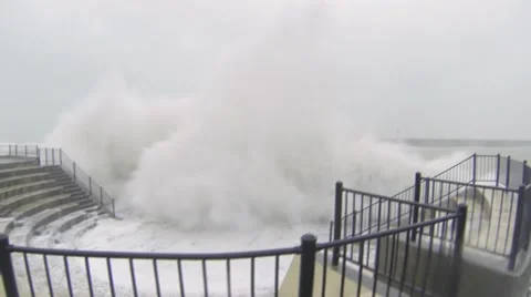 Huge Hurricane Waves Crash Over Sea Wall Stock Footage 42908970