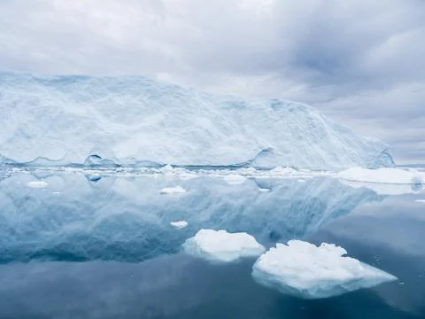 Huge icebergs from the Ilulissat Icefjord stranded on a former terminal moraine Stock Photos