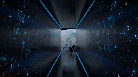 Huge illuminator of an unknown spaceship interior with astronauts Stock Footage 135590454